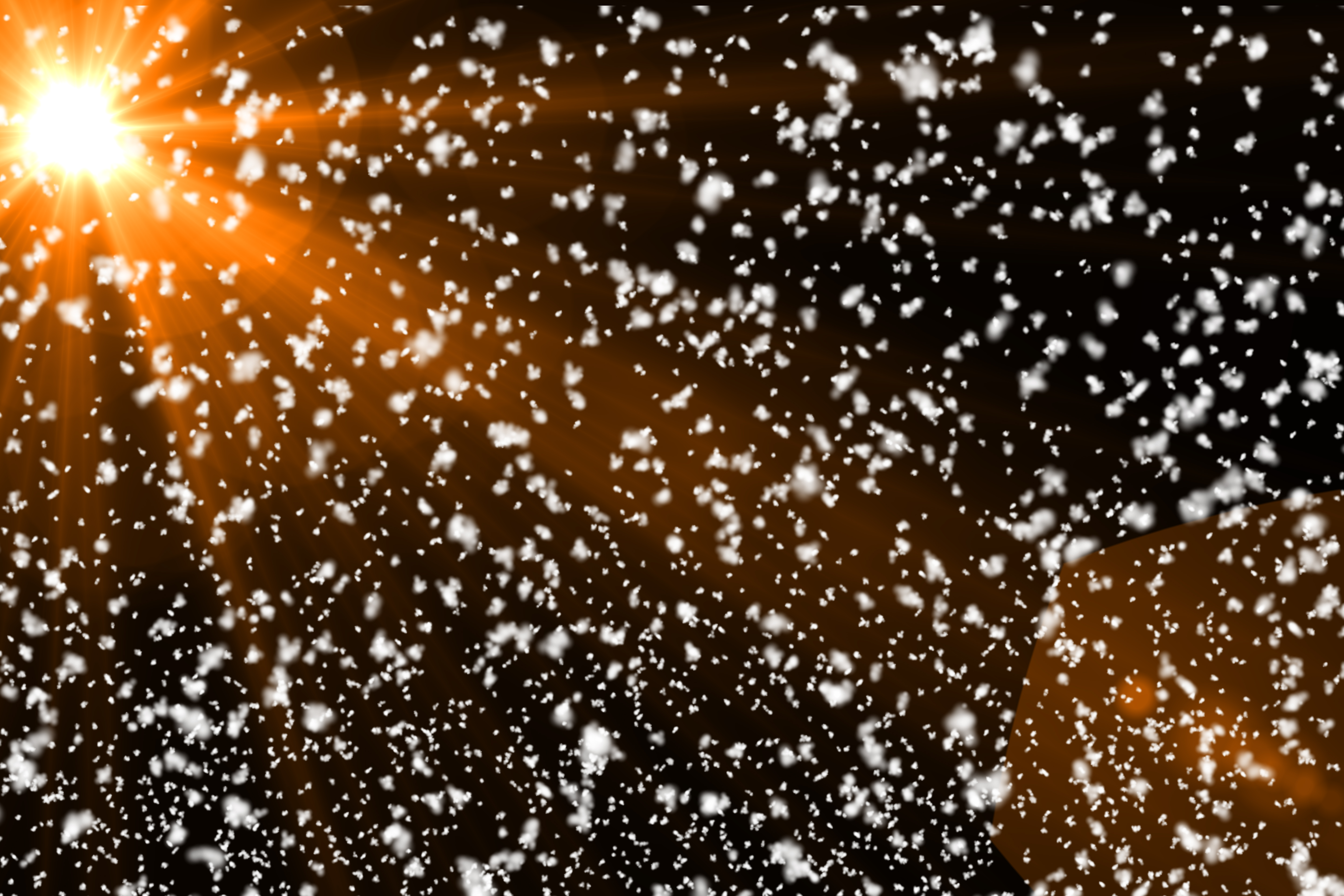 Golden Lens Flare with Falling Snow Particles on Black Background
